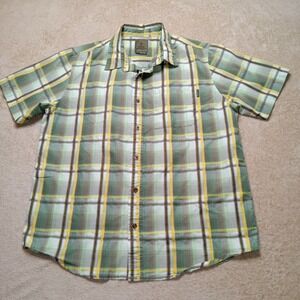 Prana Men's Short Sleeve Button Up Shirt Green‎ Yellow Plaid Large